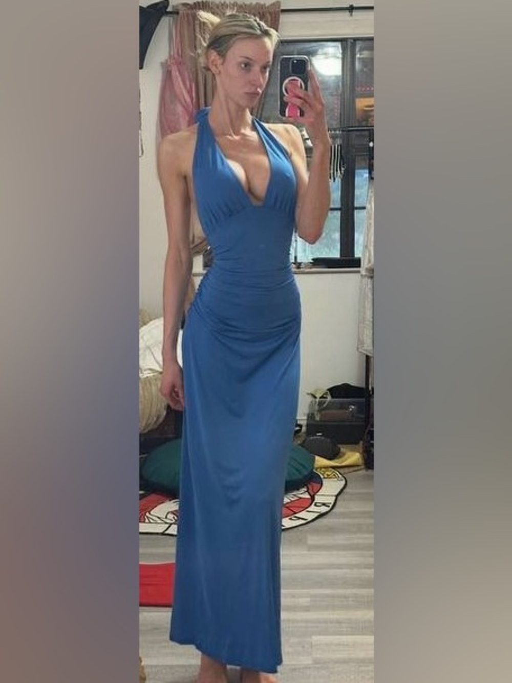 Halter V-Neck Maxi Dress in Blue - Women